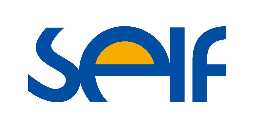 A stylized logo with blue text and an orange semicircle.