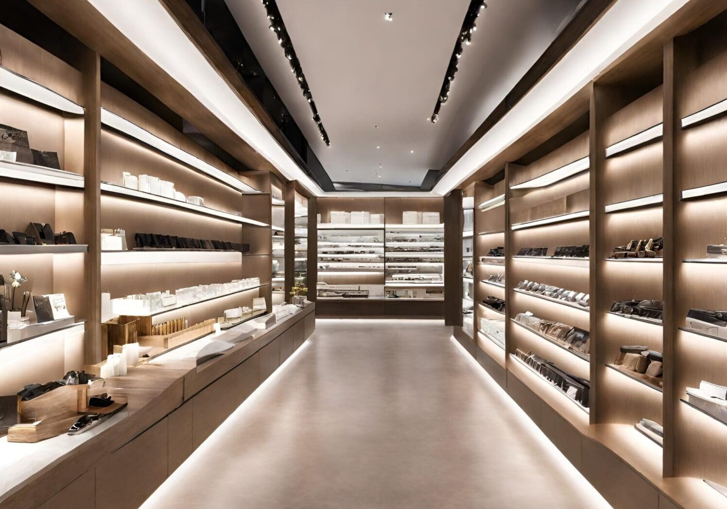 Modern, well-lit shoe store with sleek shelves and minimalist design.
