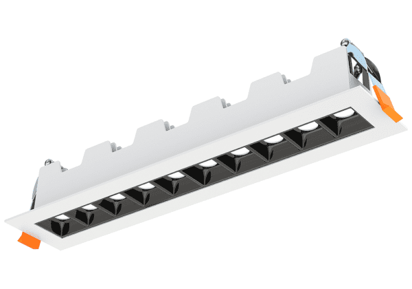 Modern recessed linear ceiling light fixture with adjustable louvers.