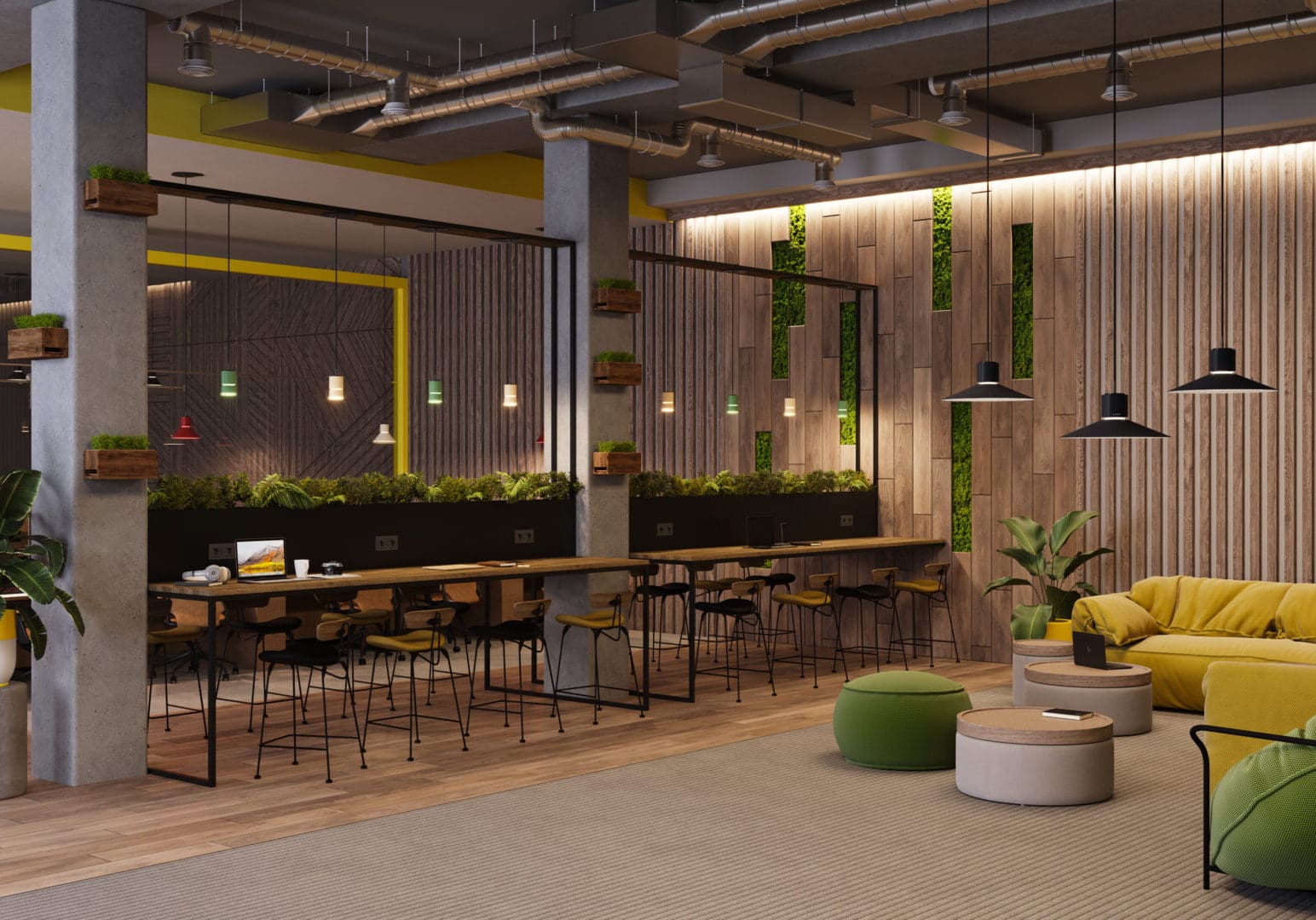 Modern café with hanging lights and cozy seating arrangements.