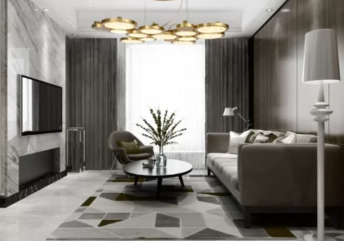 Modern living room with sleek furniture and elegant lighting.