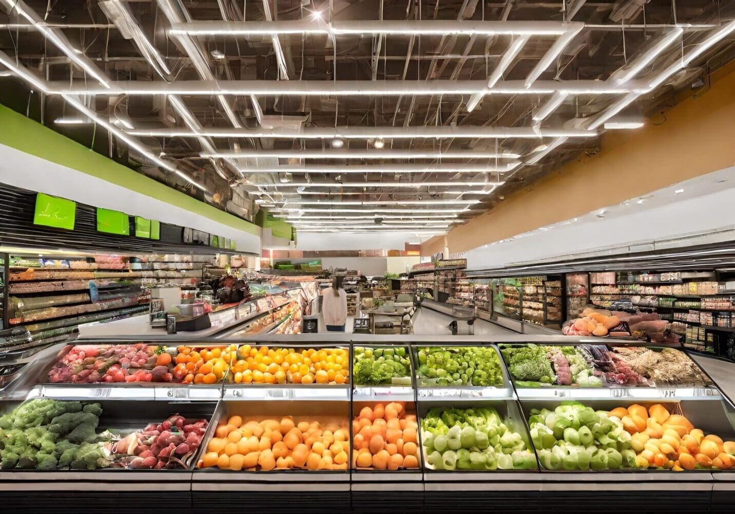 Bright, organized produce section in a supermarket with fresh fruits and vegetables.