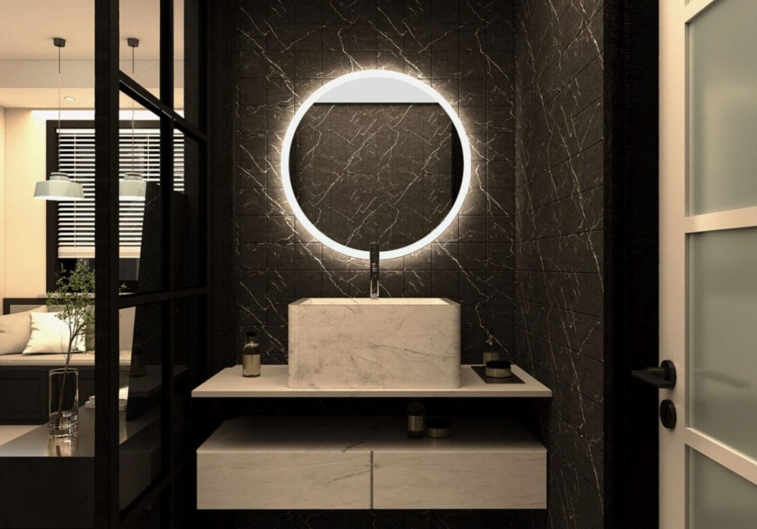 Elegant bathroom vanity with illuminated circular mirror and marble sink.
