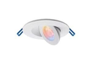 White recessed ceiling light with adjustable spotlight.