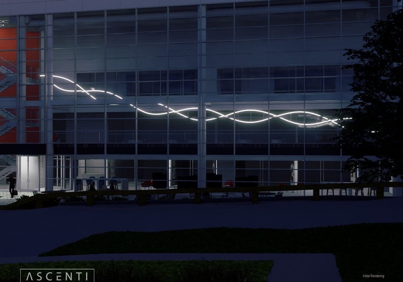 A building with lights on it's side
