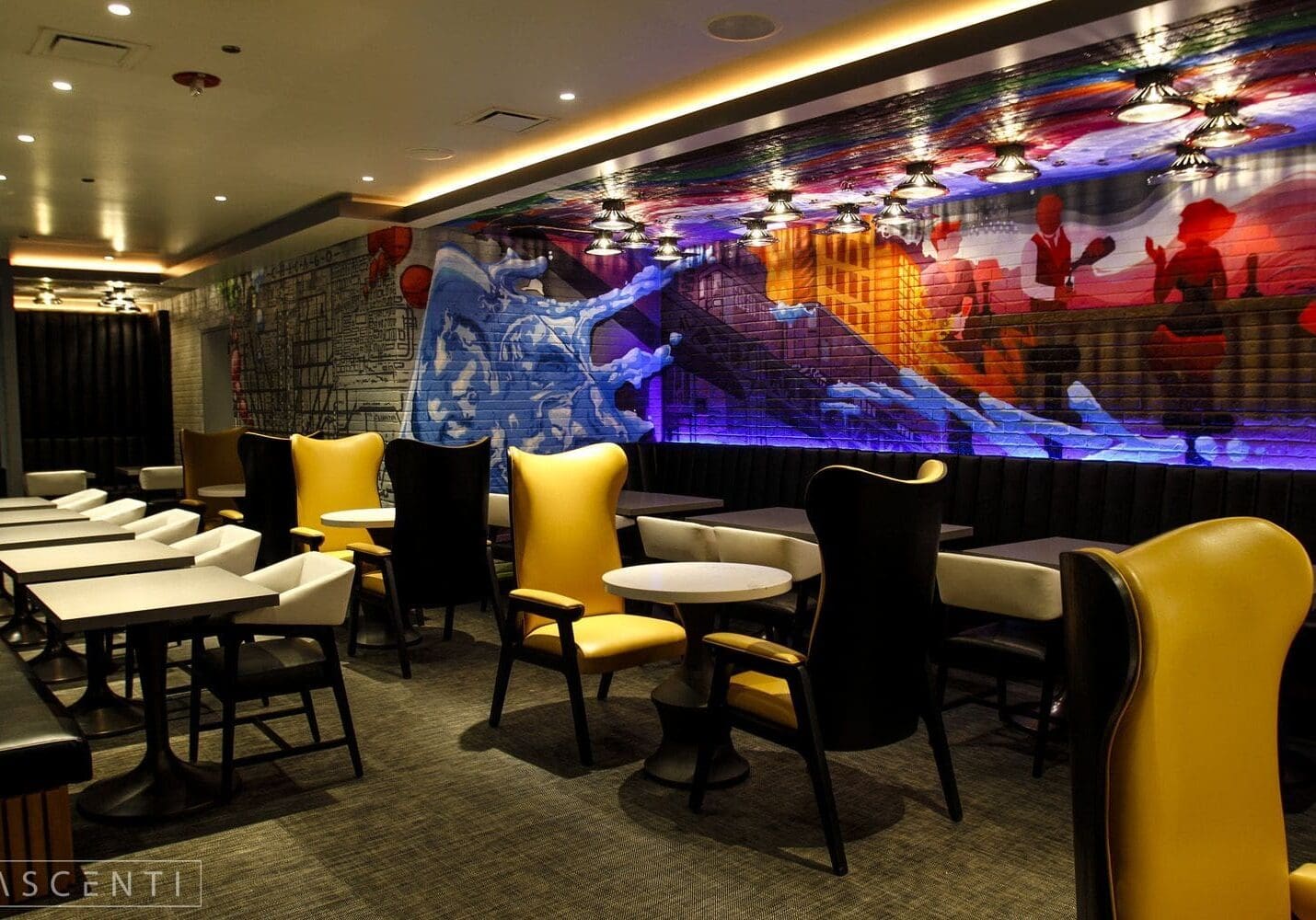 A restaurant with many chairs and tables in it