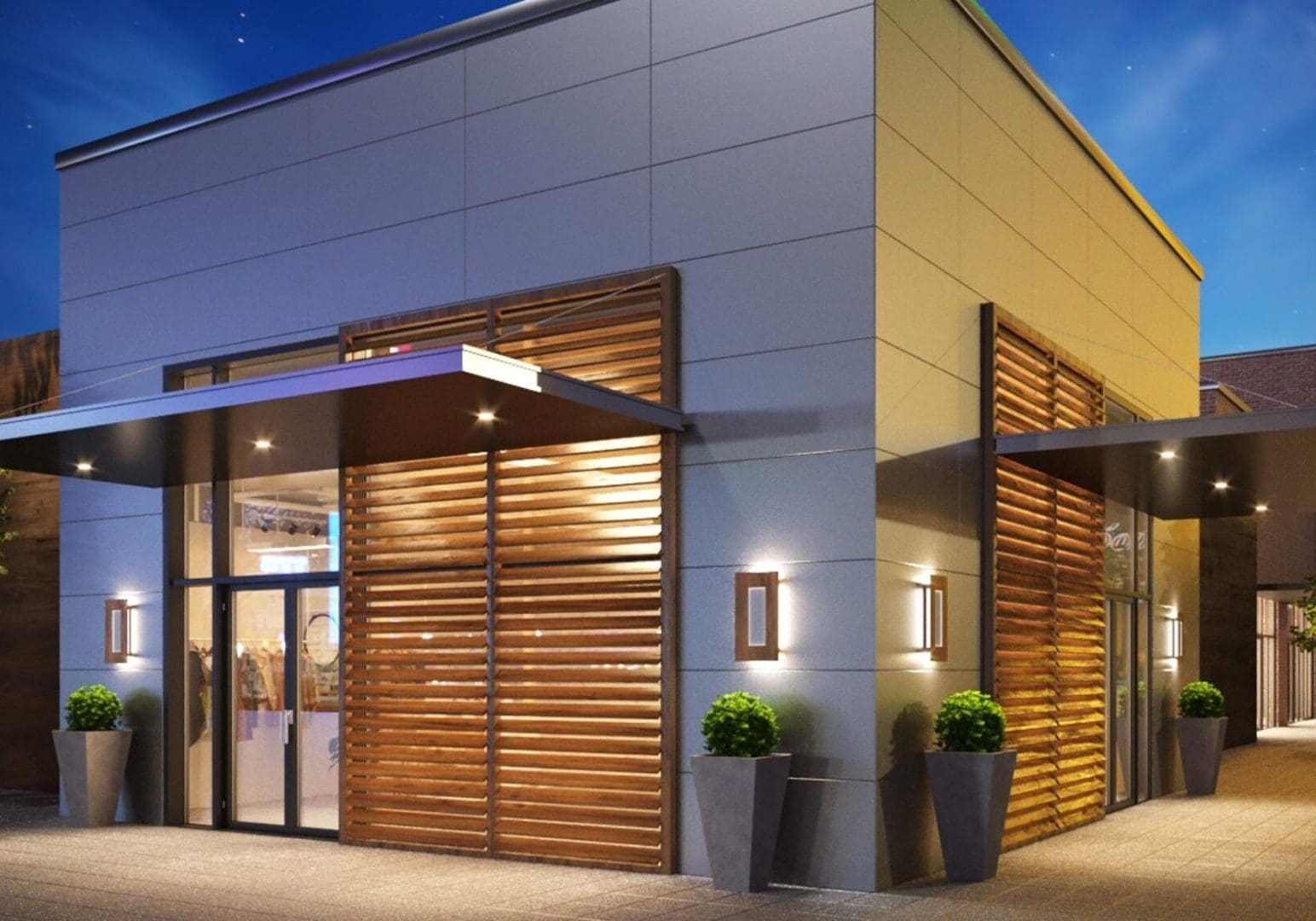 A building with wooden slats on the side of it.