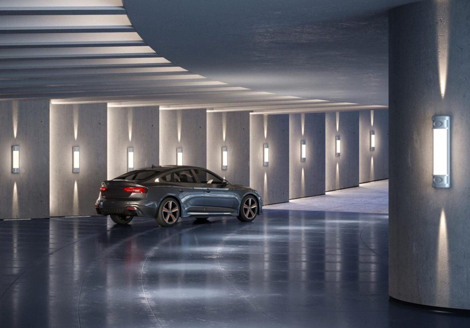 A car parked in the middle of a building.