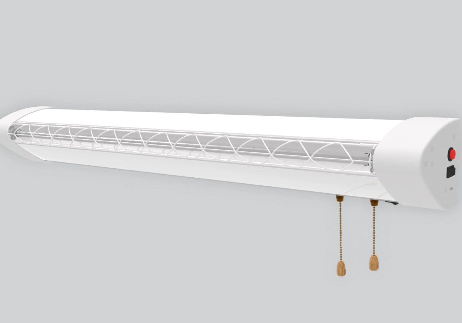 A white ceiling-mounted fluorescent light with two pull chains.