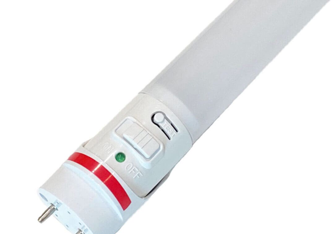 A white LED tube light with pins for installation.