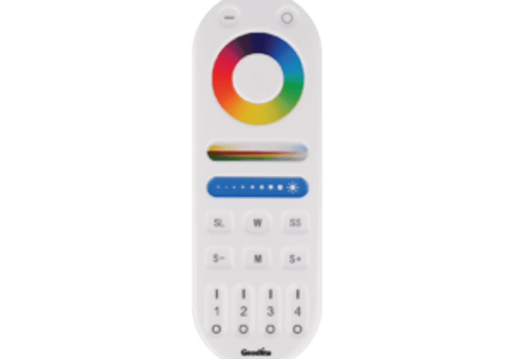 A white remote control with color wheel and multiple buttons.