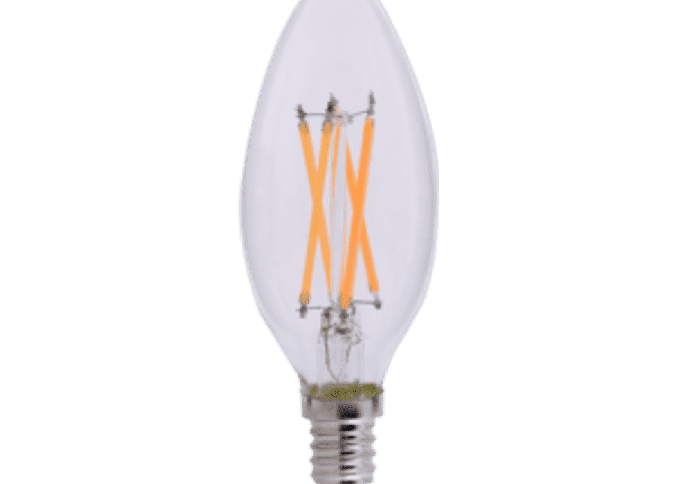 A vintage-style filament light bulb with an elongated flame shape.