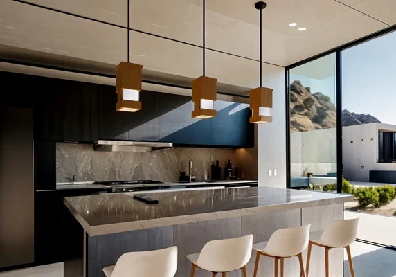 Modern kitchen with sleek island and pendant lights.