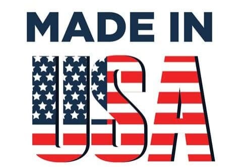 Text 'MADE IN USA' with American flag design inside 'USA'.