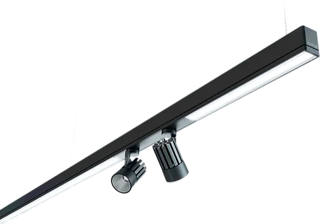 White ceiling spotlight fixture with adjustable black lamps.