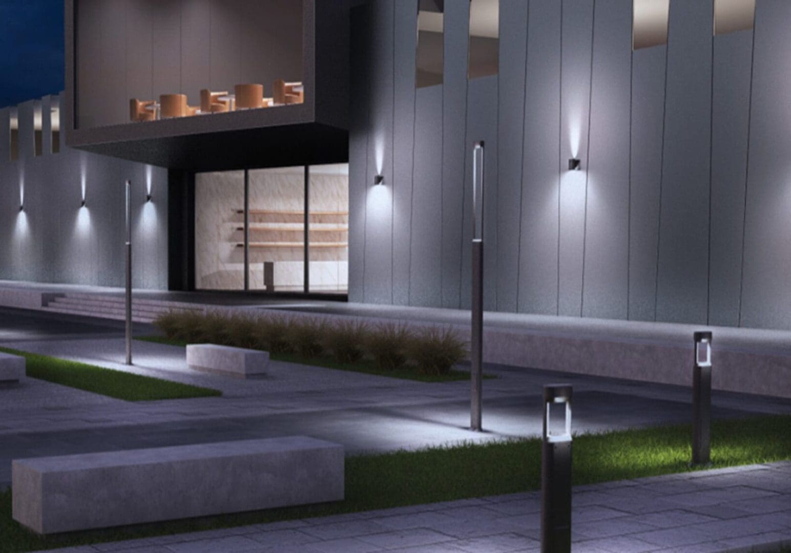 A picture of an outside area with lights on.