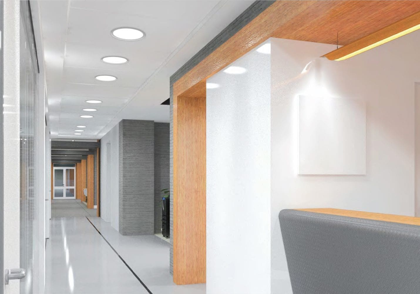 Modern office corridor with wooden accents and recessed lighting.