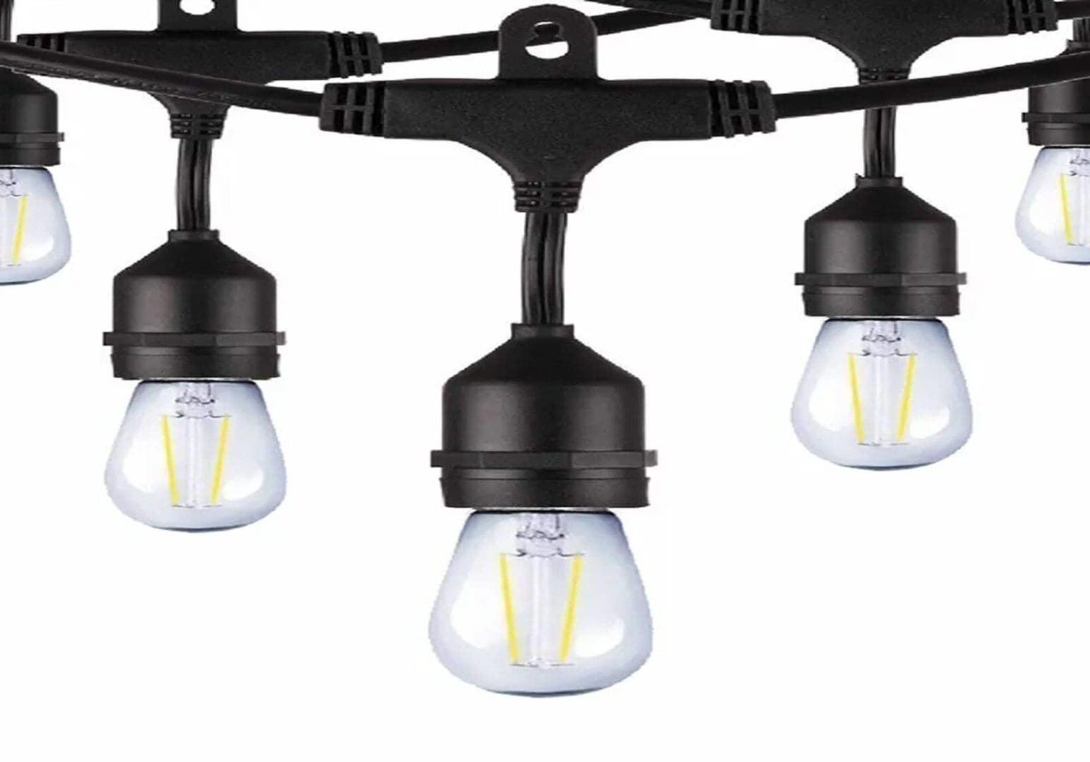 A string of lights with two bulbs hanging from it.